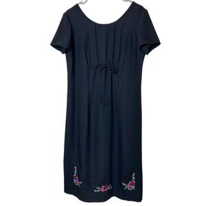 Vintage Eileen West Embroidered Floral Knee-Length Dress Black Sz 10 Made in USA